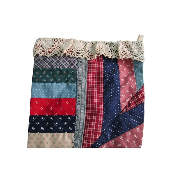 Vintage Patchwork Quilted Christmas Stocking Lace Trim Spots On Back GUC - Picture 7 of 12